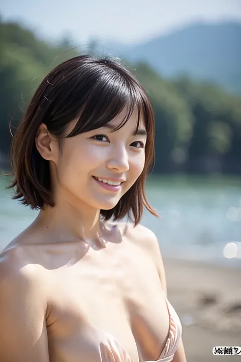 A 40-year-old Japanese woman with small breasts and short black hair、Make cleavage with your arms、Naked and smiles shyly