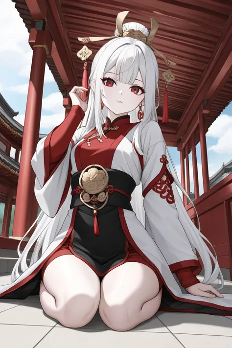 Young man with pale skin, long white hair with three red locks on her bangs,  red eyes with a touch of dull purple , wearing a star earring ,  with Chinese hair arrangements ,  wearing a qipao suit in red with black and white ,  modeling from head to toe i...