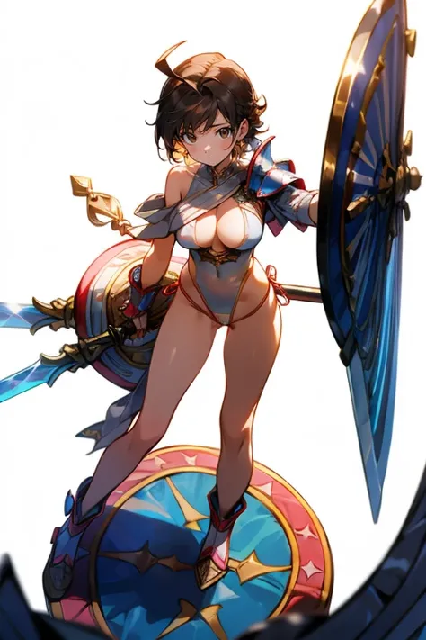 ((((gstring thong)))), ((gigantic breasts)), (transparent erect nipples), (((transparent transparent transparent white pink leotard bikini fantasy warrior armor with big sword and big shield))), (((bare shoulder,))), ((slender:1.2)), (gigantic hips), (giga...