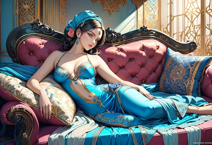 A beautiful woman with dress reclining on a sofa, in the style of a Grand Odalisque. bule color effect, ultra detailed, absolutely resolution, masterpiece