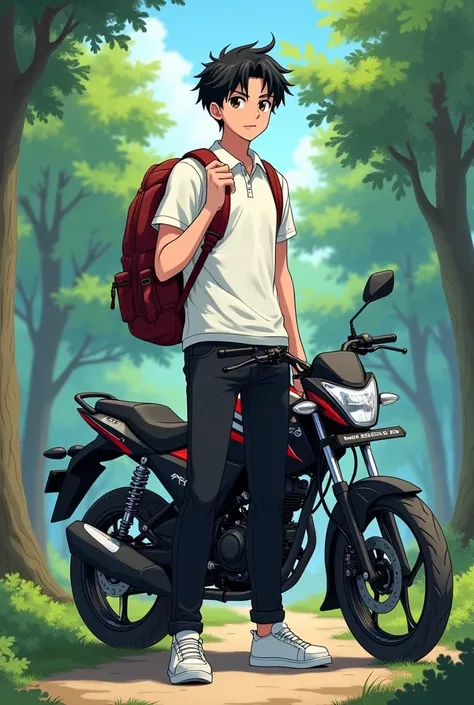 Anime character varon , cabello negro ,  brown eyes , polo blanco ,  black pants t-shirt ,  white sneaker with a large backpack and on its side a pulsar ns200 motorcycle , with a forest background 