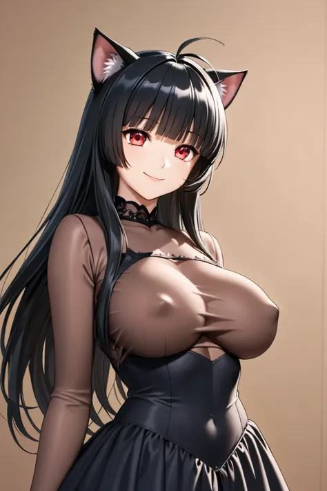  Smiles and Sunshine ,  beautiful woman , full dress,  covered breasts ,  covered nipples , , ((cat girl, cat ears)), (red eyes), ( long hair ), (( black hair, (Ahoge), straight bangs,)),