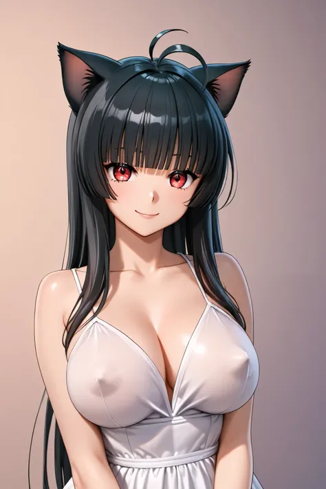  Smiles and Sunshine ,  beautiful woman , full dress,  covered breasts ,  covered nipples , , ((cat girl, cat ears)), (red eyes), ( long hair ), (( black hair, (Ahoge), straight bangs,)),