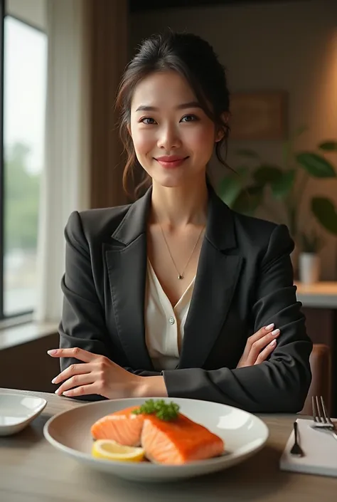 
A fairly well-off Asian woman, dressed in a stylish corporate outfit, likes eating salmon.