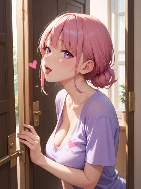 side view , kawaii anime , (closeup face) , woman , (bend over) , Slightly Open the door a little and pur out only face , baggy loose T-shirt , Cleavage , heart is beating fast, (orgasm:0.5) , out of frame , (lower body behind the door , ass behind the doo...