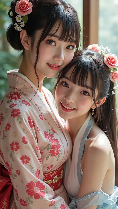 photo,nsfw, Japanese,  2 girls are having fun , Japanese actresses, one girl has Very young face,the other has beauty face, masterpiece,  kimono,((no head-set accessories)),High Quality ,  head tilt, Taisho period, steampunk,high collared, see-through ches...