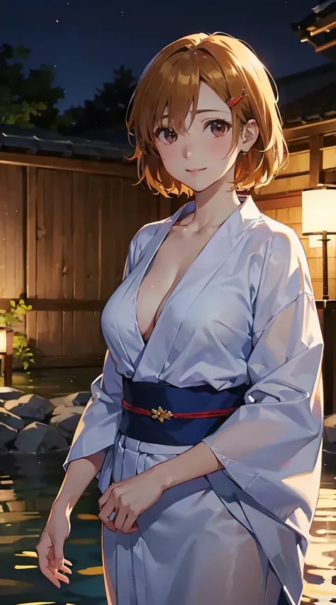 honoka shinjou,anime screencap,1girl,solo,mature,breasts,large breasts, short hair, hair ornament,hairclip, shiny_body, (((Masterpiece))), (((Top_Quality))), (best_quality, Super_Detail, Detailed_Lighting)illustration, onsen, yukata, come_undone, surprised...