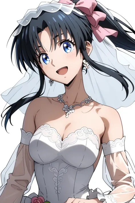 Half body, leg focus, MASTER PIECE, HIGH QUALITY,  HD, 4K(((((Kamiya Kaoru wearing lace wedding dress, puff see-through sleeves, veil)))), (((sexy body))), ((((perfect girl anatomy)))), BLACK LONG HAIR, long ponytail hairstyle, pink hairbow, PERFECT EYES, ...