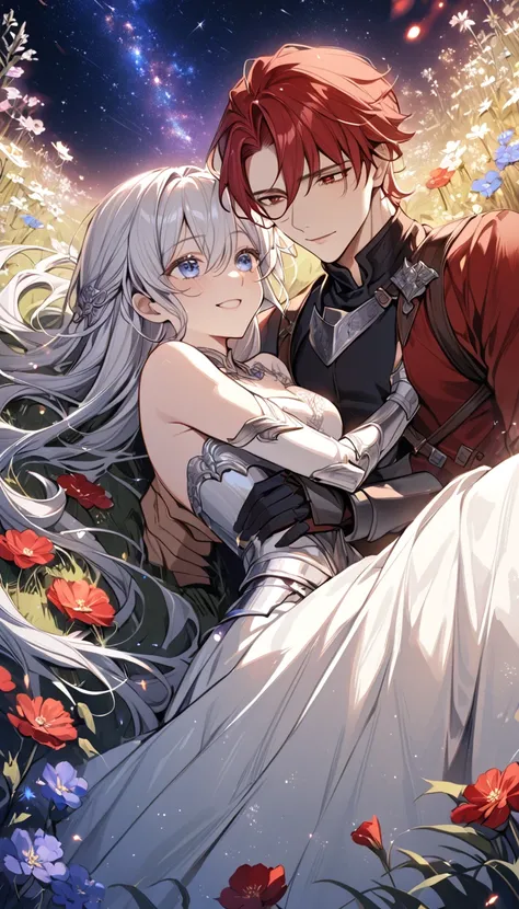 Detailed eye depiction，A total of one man and one woman，nice，Handsome ， Red Short Hair Red Eyes Male ， Silver Long Hair Blue Eyes Female， Western fantasy，knight，romantic，Aesthetic， starry sky ，flower，Embrace，Happy Laughter， perfect human anatomy，One of the...