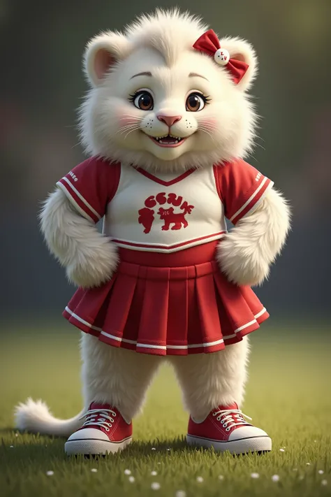 photorealistic portrait of Dressed animals - a ((fat)) cute baby(white lion) cheerleader,(art by Giuseppe Arcimbold:1.2),(full body image:1.3), (hands on hips:1.5),(furry), (happy smile:1.5),high quality,(lovely) , highly detailed cute  top with team logo ...