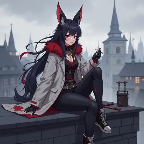 "Young girl 20-24 years old with sharp fox ears and 2 fox tails, on her left eye she has a fabric bandage matching the color of her clothes dressed in medieval clothes with chain mail elements with street style elements.  She is sitting on the roof of a bu...