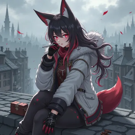 "Young girl 20-24 years old with sharp fox ears and 2 fox tails, on her left eye she has a fabric bandage matching the color of her clothes dressed in medieval clothes with chain mail elements with street style elements.  She is sitting on the roof of a bu...