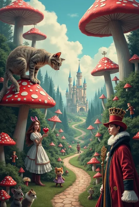 scene with all the characters from Alice in Wonderland. in the scene the chesire cat is lying on the shoulder of the queen of hearts