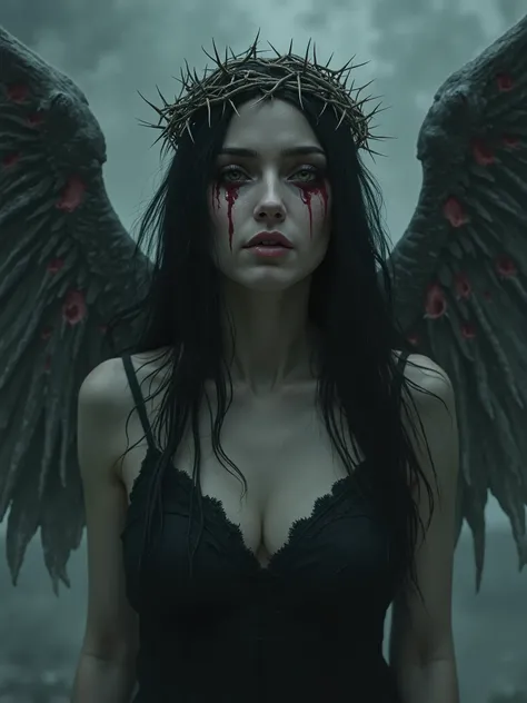 Bleeding from the eyes,beautiful woman with long dark hair,thorned crown,demonic with Gray wings, bullet holes in them,Dark surreal photography, Dark realistic art, melancholic dark ambient 