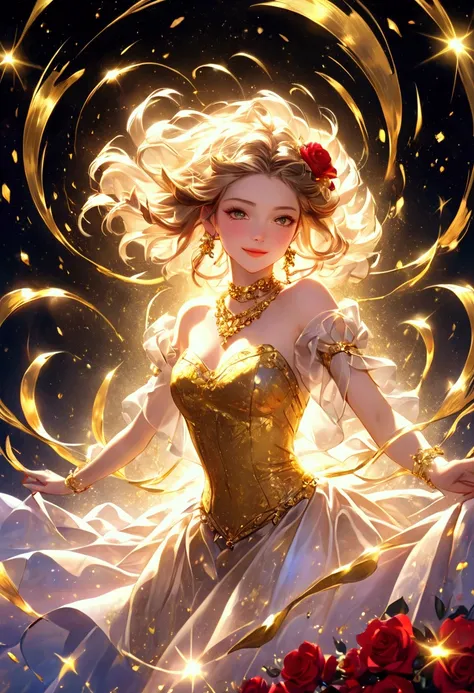 👩❤💖💋🌹  smiles、Sparkling golden powder effect ,  Artistic , Extreme, CG Digital Art