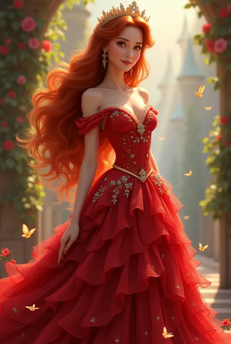 Girl in red dress and crown in Disney princess style