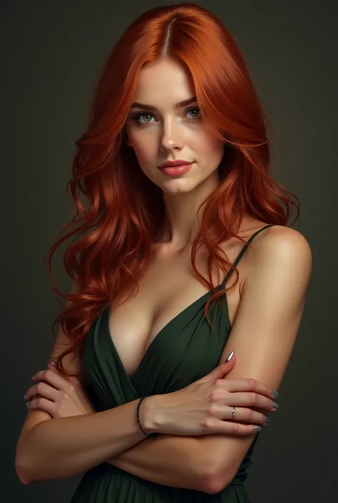 An attractive woman that's half Russian and half Irish with silky red hair. She's crossing her arms and smirks.