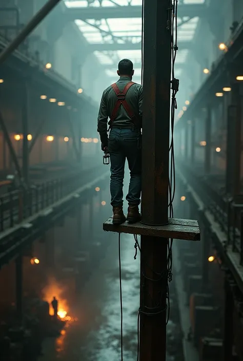 A man wearing a body harness stands on an iron pole on a factory floor with a welding cable dangling down on both legs