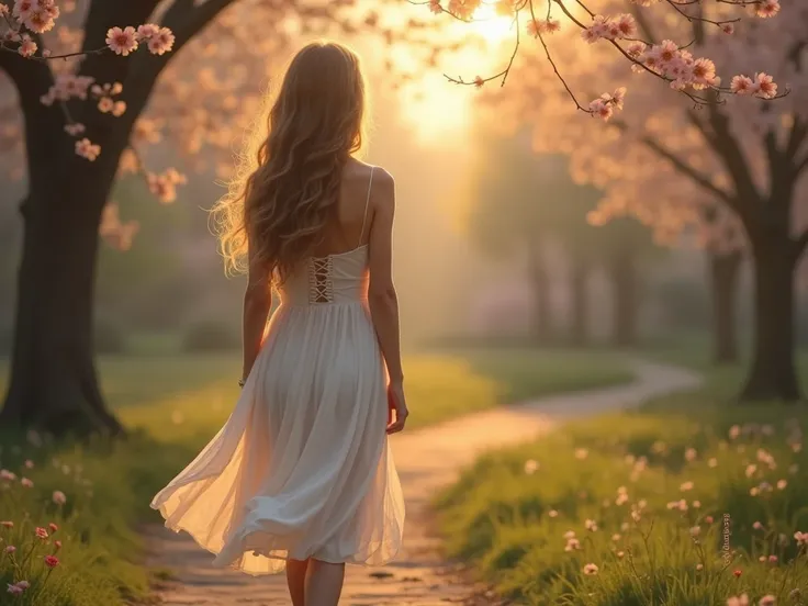  seaart ,  you are an experienced creator of beautiful pictures, please generate a picture:  A beautiful young woman in a light, gentle dress. walking in the park. spring,  trees show the first leaves and flowers. Soft dim light , golden twilight .  Detail...