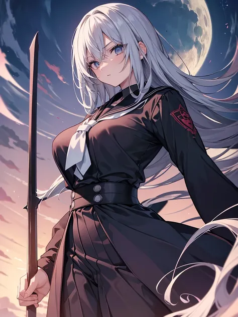 (masterpiece,  best quality), (  perfect athletic body  :1.2), (Thin Hair),  very detailed,  anime style, whole body, Alone,  Vampire Hunter ,   black sailor suit, Big Grim Reaper&#39;s Scythe,    black hair,  high boots ,   standing in the wilderness  , N...