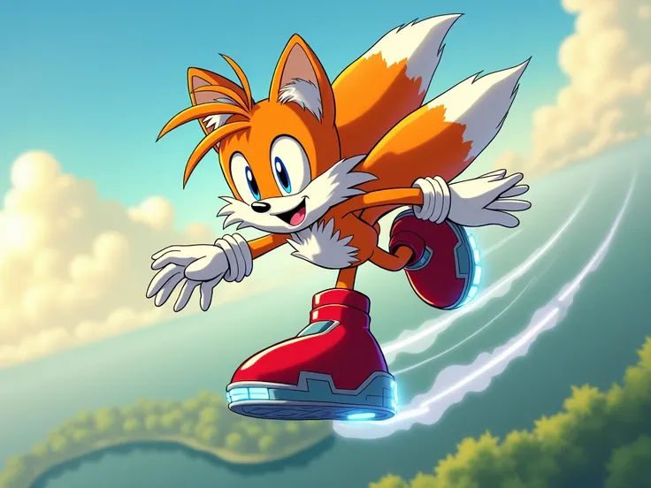 The scene depicts Tails, the two-tailed fox from the Sonic the Hedgehog series, soaring through the sky with a playful grin. His signature orange fur glistens under the sunlight, and his fluffy white chest fur ripples in the wind. His twin tails spin in a ...