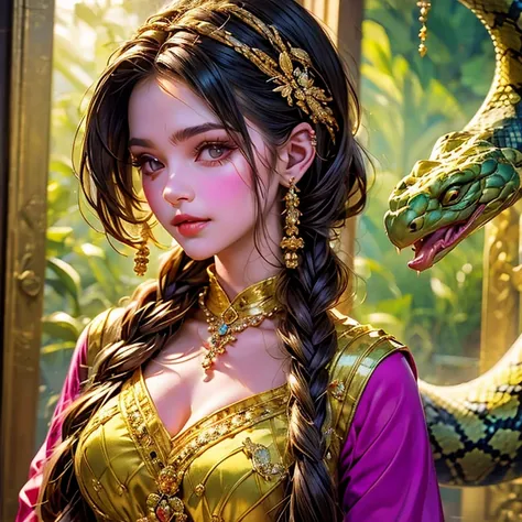  Portrait of a charming girl with a snake wrapping around her body, all her precious jewelry is made in the shape of a snake ,  surreal unforgettable fantasy portrait  "The girl with the Snake "  of the highest quality  !