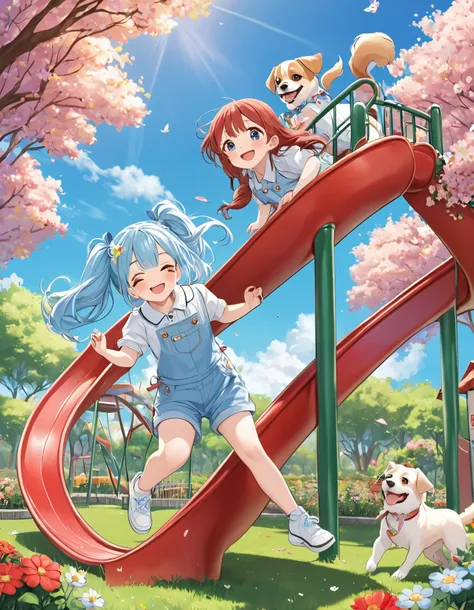 girl love playing on the slide.  light blue long hair、 beautiful twin-tail girl、Red denim bridging suit 、 they are smiling and playing on the long slide in the park、blue sky、 A lot of s are playing、A park full of lawns and flowers 、The dogs are also playin...