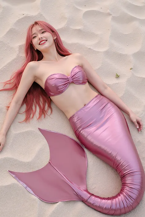 IU with long pink hair,,wet hair,cute korean girl,wearing latex mermaid tail,super high gloss,metallic luster,latex material,Smooth and flake-free,on the beach,normal human body movements,Lying down,Beautiful fish tail,One-footed cattail,Take a photo direc...