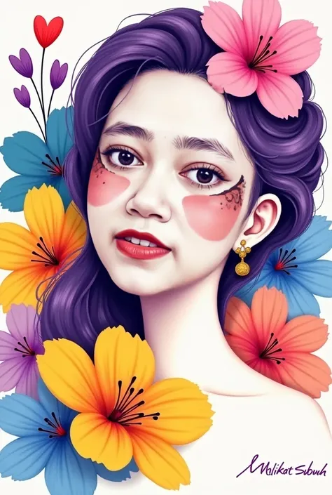 Vibrant semi-abstract portrait of a young woman surrounded by large, colorful flowers. Her face featured smooth, exaggerated lines and soft gradients, with very bold makeup—pink lips, and bright blue eyes with thick lashes. Her flowers, in shades of yellow...