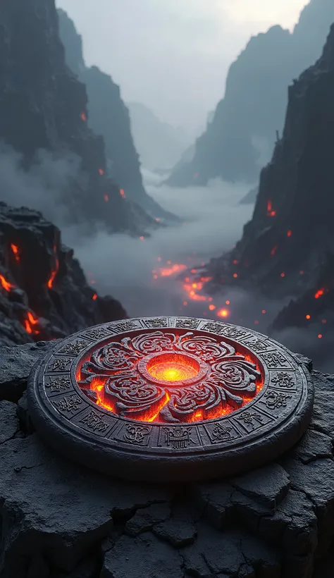 a mystical illustration depicting the sacred basalt and lava medallion