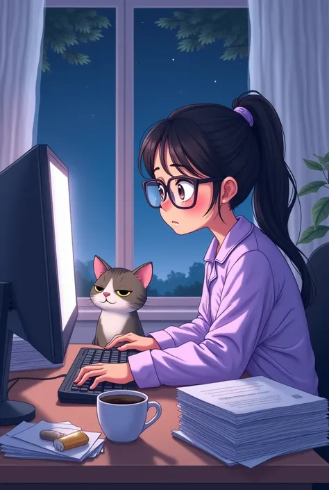 Cartoon image in the office, white walls, white curtains, decorated with trees, late night, Asian girl wearing glasses, tied her hair, wearing a light purple pajamas, sitting, printing a big screen computer, purple face(Emphasizes dim ),Drowsy,Not smiling,...