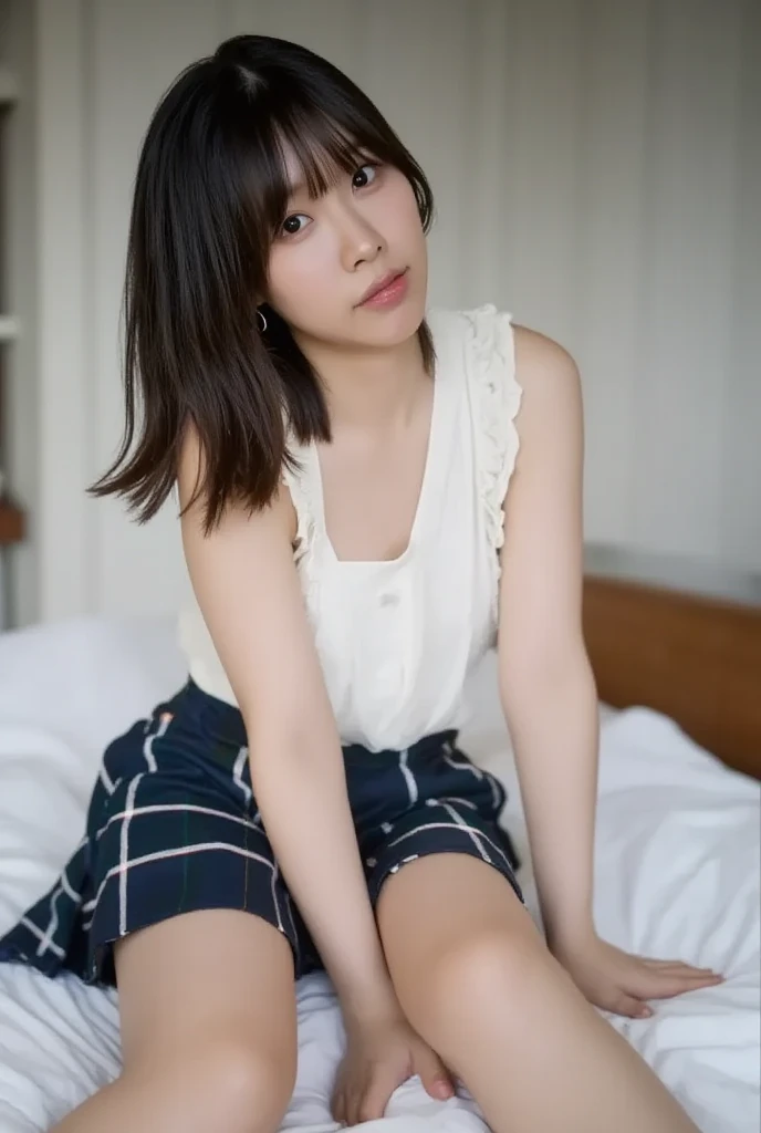 Alone、   natural body shape、   white skin、    natural cosmetics  、     black hair、bangs、  long straight hair、、(expensive  、   barefoot、   white blouse、   Blue Plaid Pleated Skirt)、、(   open legs:1.3)、((      The upper body is wearing a uniform))、((((( look...