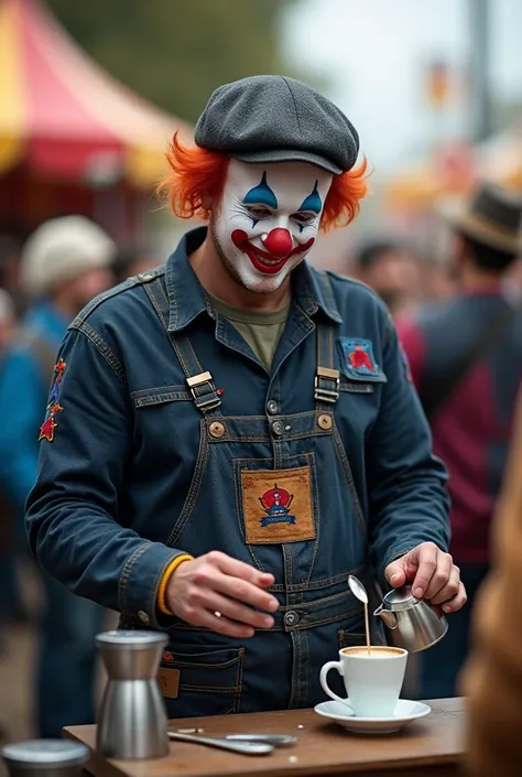 In the midst of the hustle and bustle of the carnival, an unusual figure attracts the attention of visitors. A clown wears dark blue workshop overalls full of small patches, combined with a Kangol hat which creates a relaxed but still unique impression. Am...