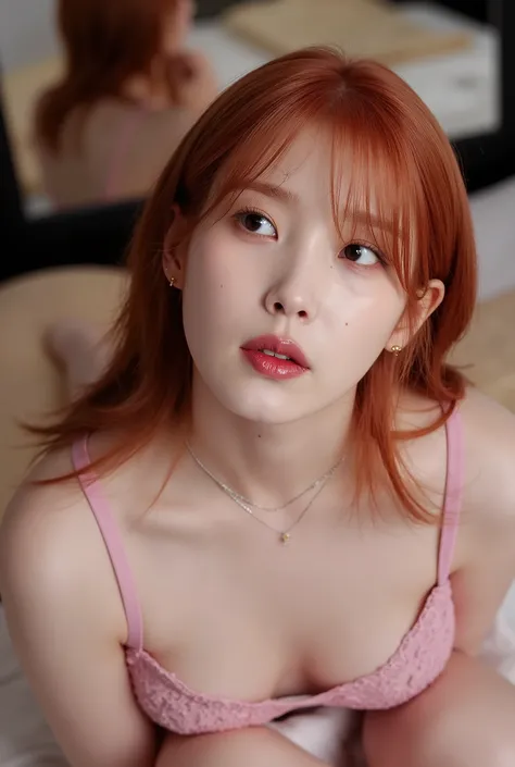 1 girl with pale skin and red hair, 32Dd kneels in her bedroom wearing pink lingerie. A mirror is behind her catching her reflection. Image is from above and infront of her lookup up biting her lip. 