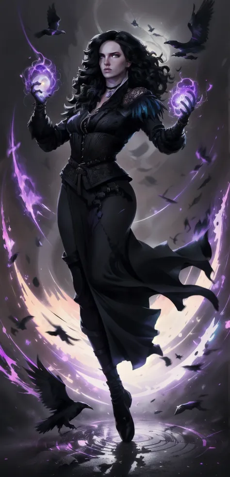 Create a digital illustration of a powerful sorceress inspired by Yennefer from The Witcher. She has striking violet eyes, long flowing raven-black hair, and is dressed in an elegant black and purple gown adorned with intricate magical symbols. Her express...