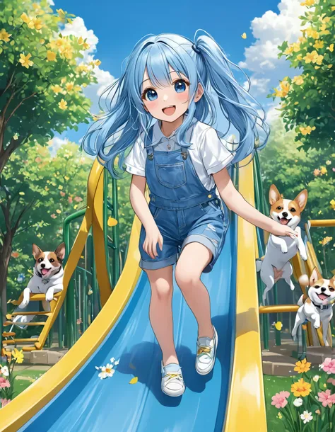 girl love playing on the slide.  light blue long hair、 beautiful twin-tail girl、blue denim bridging suit、 I'm playing on the long slide in the park with a smile、blue sky、 A lot of s are playing、A park full of lawns and flowers 、The dogs are also playing to...