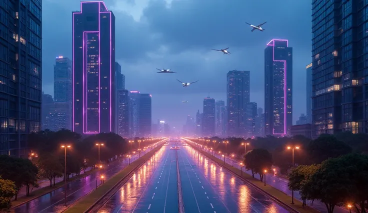 Skyscrapers with modern architecture and neon lights in shades of purple, blue and pink. Flying vehicles crossing the sky and a wide illuminated avenue reflecting the lights on the ground wet from a recent rain. Dense clouds and urban glow diffused on the ...