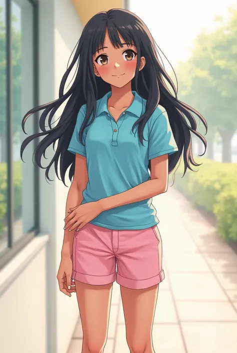 Generate an  anime girl with brown skin and black hair wearing pink shorts and blue polo shirts and with bare feet 