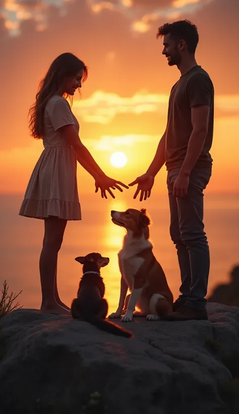 create an image of... " A woman ,  a man a boy and a girl "  they are intertwined around a rock .  Together and together with the legs of a cat , a dog,  looking at each other head-on and in harmony latent and hopeful in their reunion with their human pare...