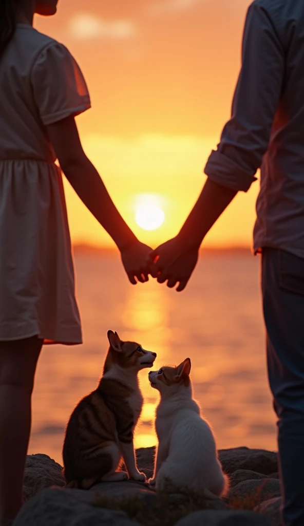 create an image of... " A woman ,  a man a boy and a girl "  they are intertwined around a rock .  Together and together with the legs of a cat , a dog,  looking at each other head-on and in harmony latent and hopeful in their reunion with their human pare...