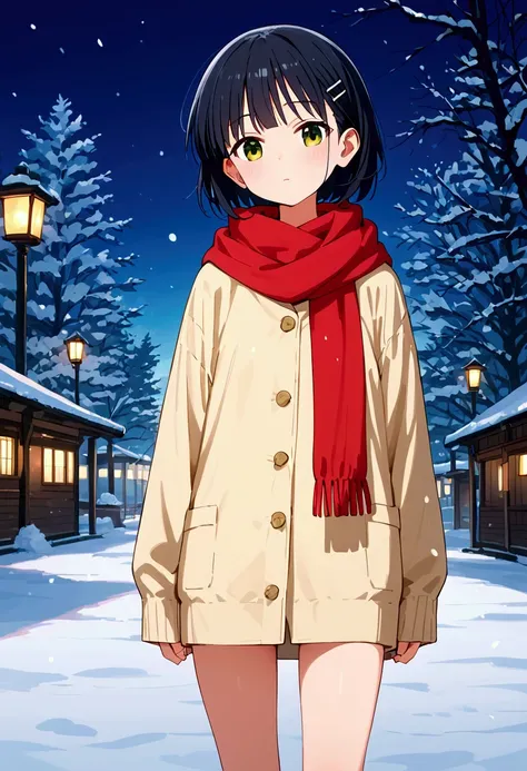 pt, 1 girl in the best,suguha,safe　for　work, anime style, Flat Shading ,Japanese anime characters,セルシェード anime style,score_9_ up, score_8_ up, score_7_ up,fullbody, completely naked,anime pin-up poster,night, snow is piling up,scarf,Thighs,Snow Park,女の子のクロ...