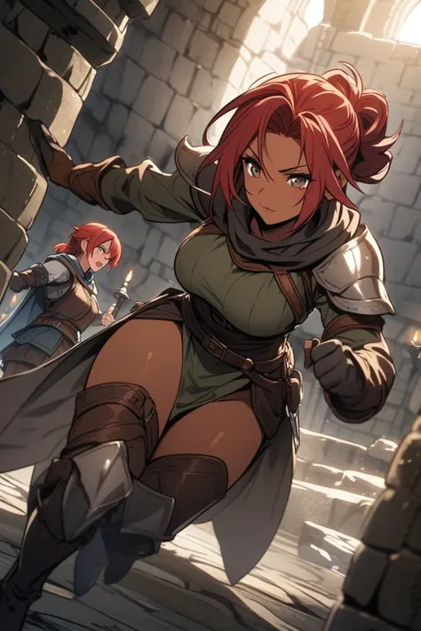  fantasy, dungeon,Thief and Female Adventurer, red hair, black hair,female knight, dark skin