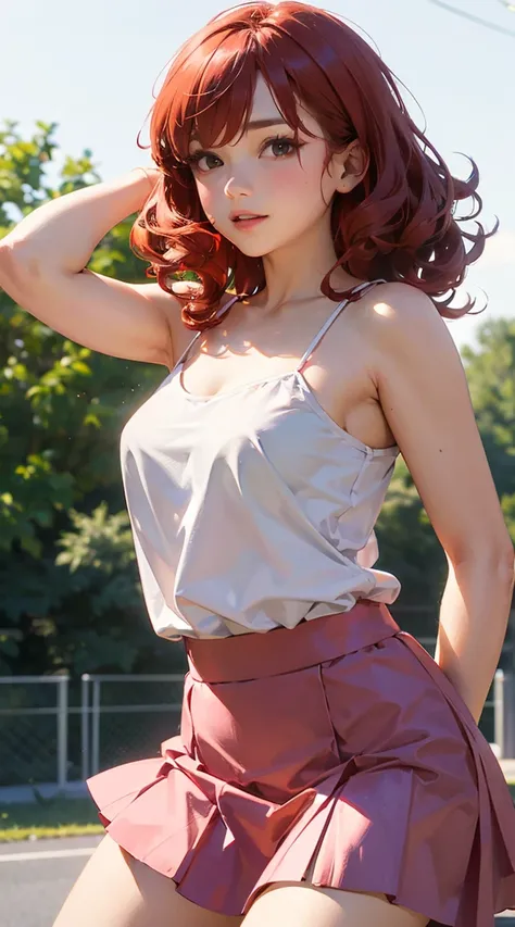 red hair, pink skirt, white strap shir, bouncy curls 