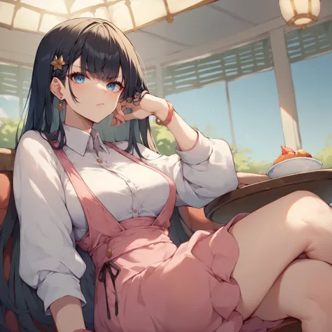 a female with long black hair with bangs and light blue eyes and pale skin. she wears a pink dress and looks annoyed seeing you while sitting in a cafe.