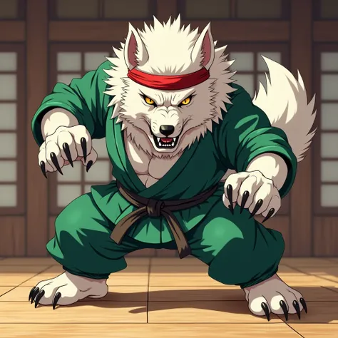 A werewolf beast man with white fur　 golden eyes　 height 120 cm 　　A martial artist in a green uniform　Red headband　Training at the dojo　 anime illustration