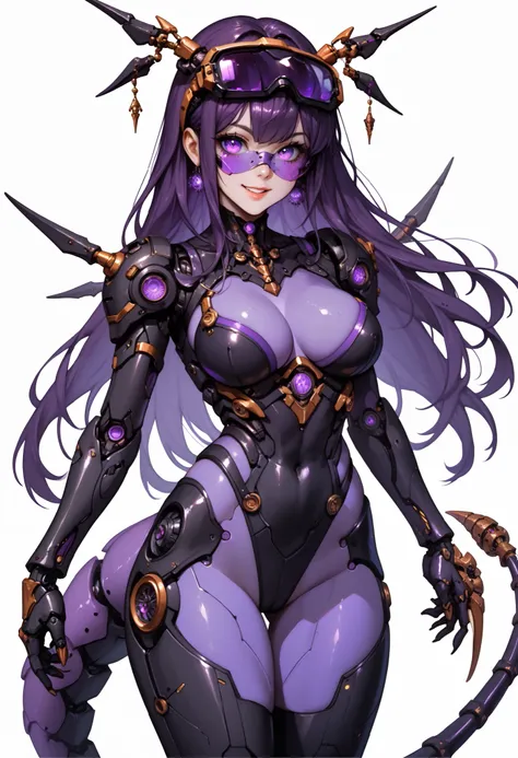 Sci-fi style girl. Mechanical bodysuit. Purple image color. Purple and black armor. Long hair. Straight hair. Even bangs. Smiling. Cyber ​​goggles. Scorpion tail. Arthropod element. Mechanical scorpion. Thighs. Thick legs. Breasts perky. White background.