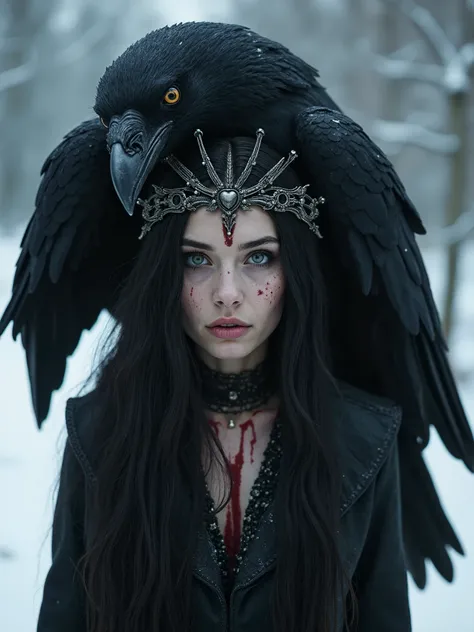 Beautiful woman with a teeth crown and long black hair, warpaint on the face, caressing a giant raven on his head,Dark realistic photography,dark ambient art,dark surreal melancholic ambience,snow background with blood trail 