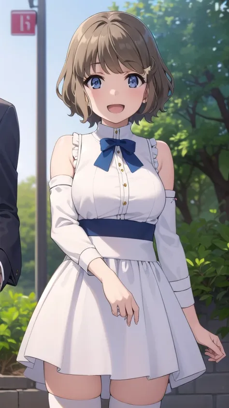 Masterpieces, Best Quality, girl, looking at viewer, tomoekoga, tomoe koga, short hair, brown hair, blue eyes, hair clip, large breasts, white dress, detached sleeves, blue thighhighs, standing, cowboy shot, outdoors, smile, open mouth 