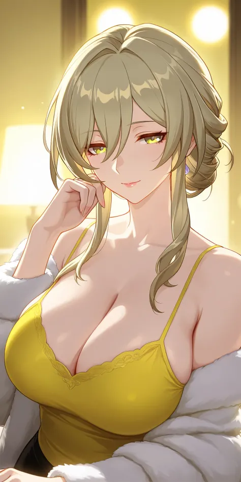 masterpiece, best quality, mature woman, milf, blonde hair, chignon hair, camisole, honkai: star rail cg style, upper body, dynamic lighting, yellow colour costume 