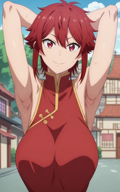 score_9, score_8_up, score_7_up, source_anime, anime screencap, 1girl, solo, tomo aizawa, red hair, short hair, red eyes, red chinese outfit, large breast, bare shoulders, bare arms, arms behind head, armpits, head towards viewer, smile, closed mouth, badh...